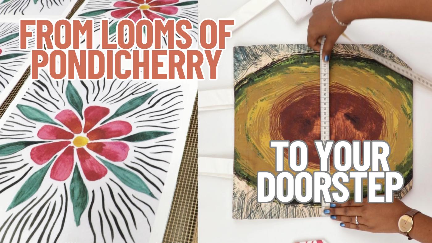 Text reads from looms of pondicherry to your doorstop in front of Creative Coupling's Flower tentacles tote bag and avocado tote bag